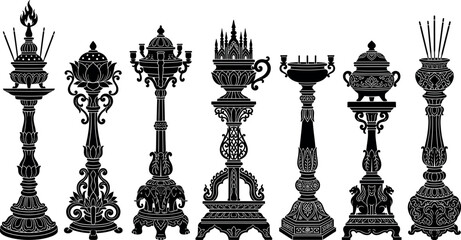 Traditional oriental altar stands featuring black silhouettes of ornate Buddhist incense burners and candelabras for spiritual temple design elements © MstAduri