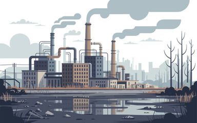 Obraz premium Polluted industrial area with factories emitting smoke near a dirty river and dead trees.