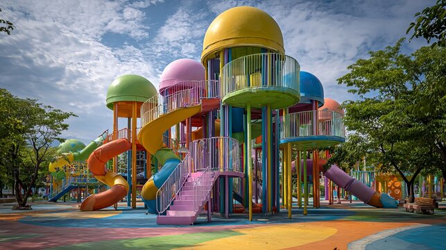 Colorful children playground activities in a public park with swings, slides and outdoor play area