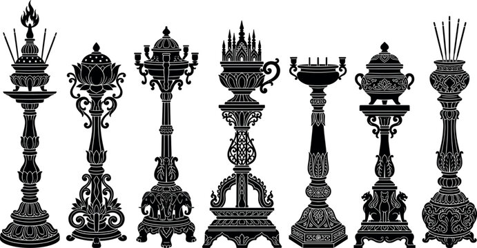 Traditional oriental altar stands featuring black silhouettes of ornate Buddhist incense burners and candelabras for spiritual temple design elements