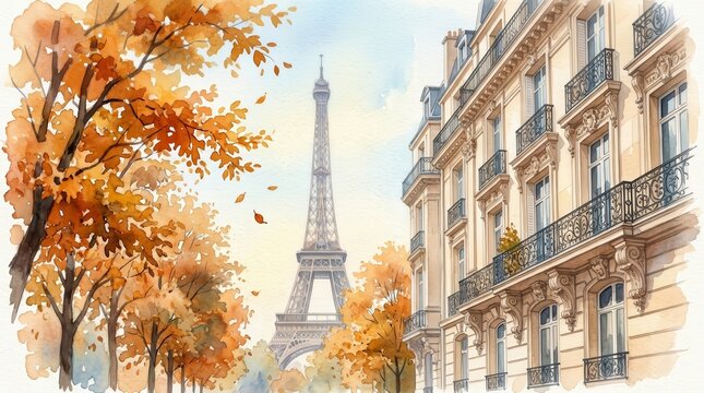 Eiffel Tower in Paris rendered in a beautiful watercolor painting style.