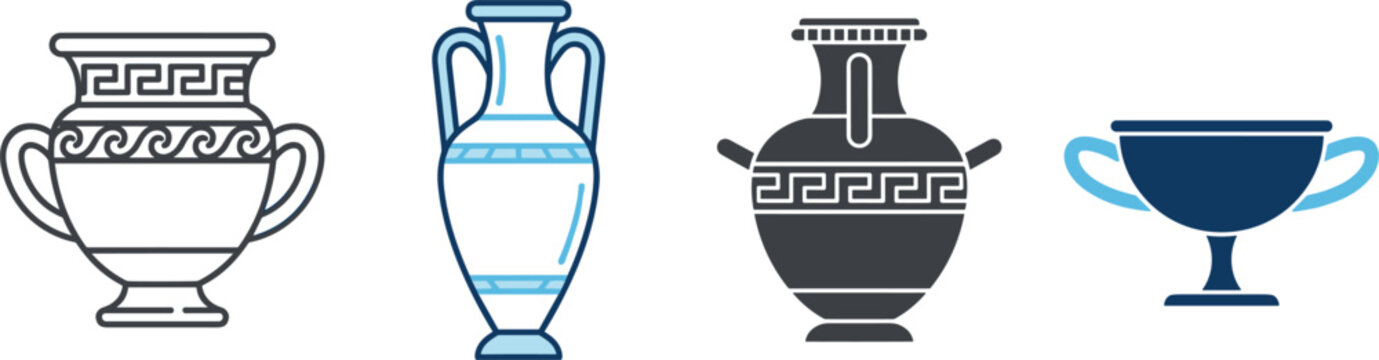 Ancient Greek Pottery and Ceramic Vessel Vector Icon Set with Traditional Amphora Krater Hydria and Kylix Cup Graphic Elements