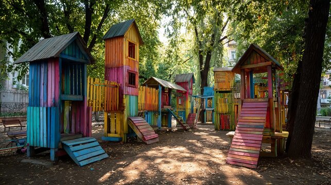 Colorful children's playground in park with green lawn and outdoor play equipment under sunny blue sky