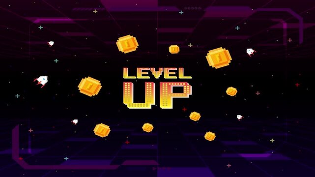 Level up. Pixel art 8 bit. Retro Futurism Sci-Fi Background. glowing neon grid. and stars from vintage arcade computer games.	