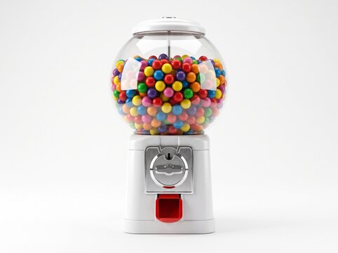 Classic Gumball Vending Machine Filled with Colorful Candy Balls on White Background for Nostalgic Childhood Sweet Snack Concept