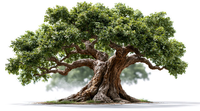 Large ancient oak tree with thick gnarly branches majestic environment isolated background
