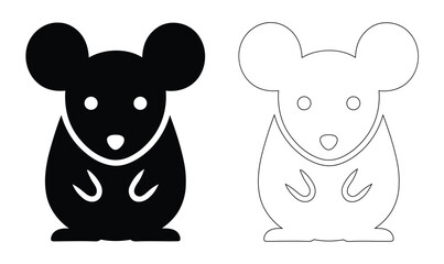 Obraz premium Cute Mouse Silhouette and Outline Vector Graphic, Little Rat Cartoon Character Illustration, Field Mouse Rodent Silhouette