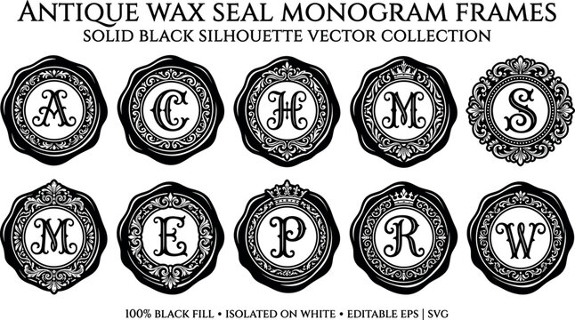 Vintage wax seal stamp collection featuring ornate royal monograms and majestic decorative letter crest designs for wedding invitation envelopes