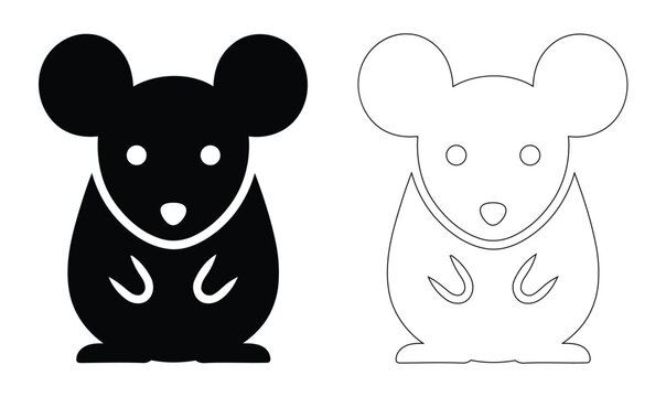 Cute Mouse Silhouette and Outline Vector Graphic, Little Rat Cartoon Character Illustration, Field Mouse Rodent Silhouette