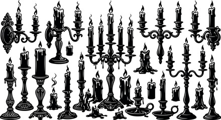 Vintage gothic candelabra collection featuring detailed black silhouettes of melting wax candles ornate chandeliers and spooky halloween lighting design elements