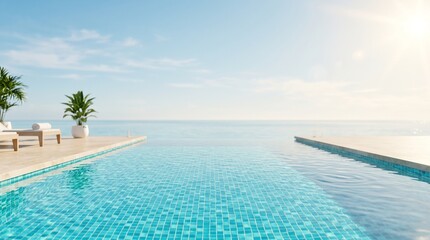 Fototapeta premium Luxury Infinity Pool with Blue Mosaic Tiles Ocean Horizon and Bright Sunlight for Summer Resort Travel Vacation Background