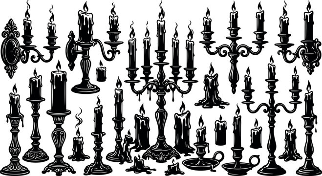 Vintage gothic candelabra collection featuring detailed black silhouettes of melting wax candles ornate chandeliers and spooky halloween lighting design elements