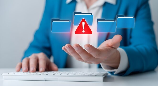 Business professional experiencing a digital file folder error warning with a red alert icon in a virtual interface hologram security business technology software information computer critical