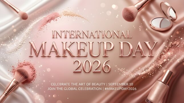 International Make Up day 2026 Banner poster  Rose gold satin banner with powder swirl and makeup brushes