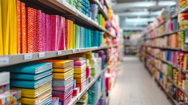 Colorful stationery and school supplies with books displayed on store shelves in retail aisle