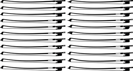 Classical string instrument bow collection featuring black silhouettes of violin viola cello and contrabass bows for orchestral music design elements © MstAduri