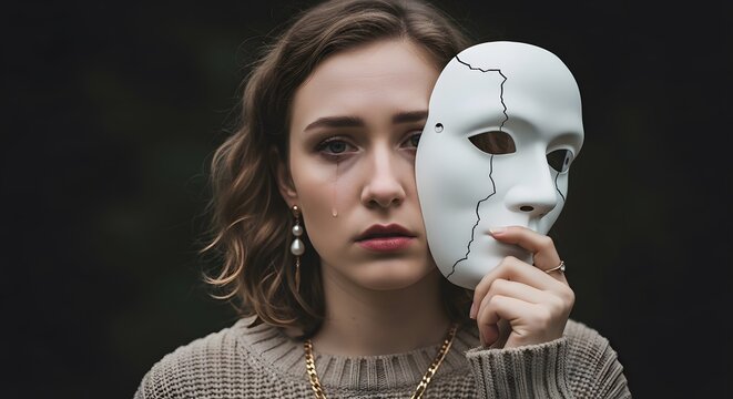 Sad Emotional Woman Crying and Holding a Cracked Mask Mental Health