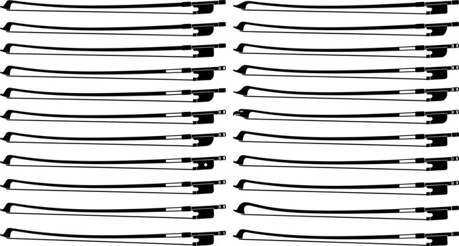 Classical string instrument bow collection featuring black silhouettes of violin viola cello and contrabass bows for orchestral music design elements
