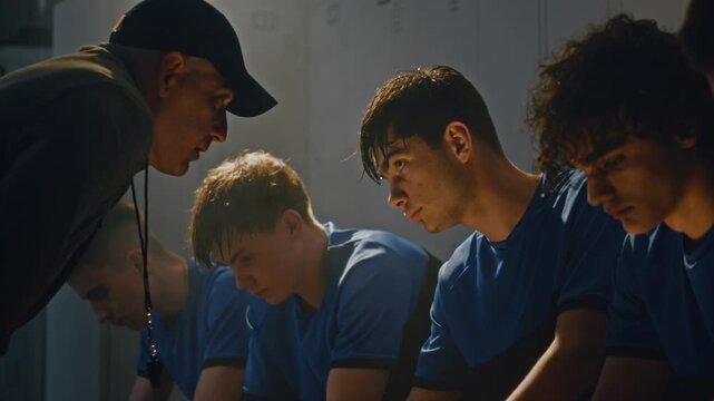 Middle Aged Sports Coach Lecturing Youth Soccer Team in Locker Room. Team Sits Quietly on Benches, Processing Harsh Feedback. High Stakes, Tension, and Emotional Weight of Competitive Youth Sports.