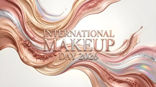 International Make Up day 2026 Banner poster  Flowing liquid foundation swirl in pink gold and silver tones