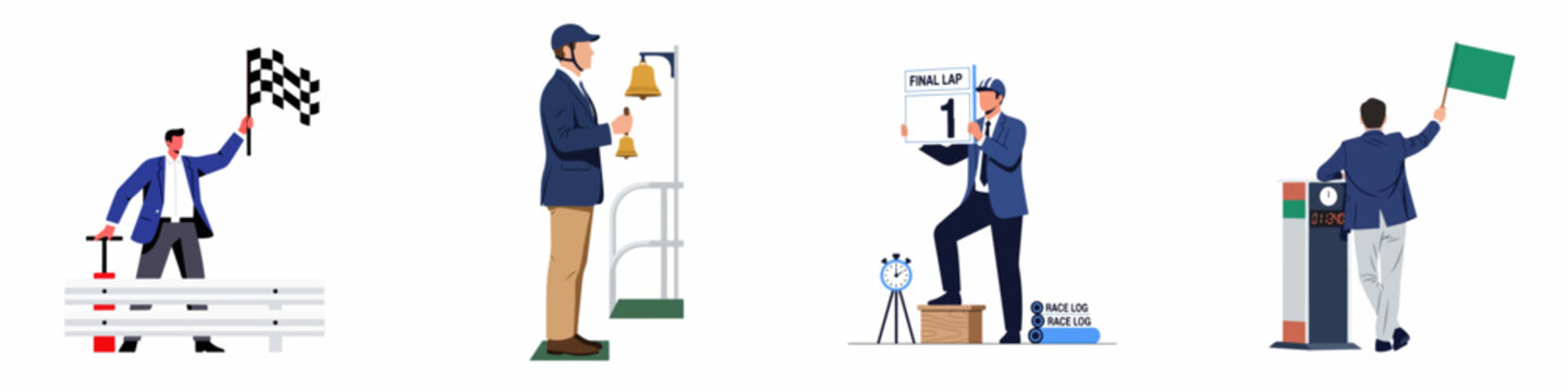 Set of professional race official characters with competition equipment like flags, bells, and lap signs in a flat vector style.