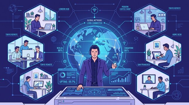 Professional overseeing global remote team collaboration with high tech dashboard with centralized monitoring dashboard focused professional managing