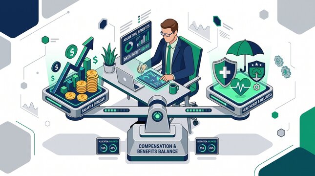 Professional balancing compensation packages with salary bonuses healthcare and wellness allocation on digital platform with wellness metrics balanced scale modern office elements