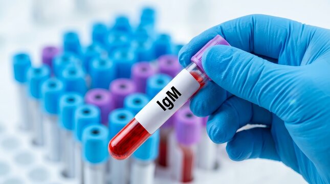 Doctor holding an IgM blood test tube to explain acute infection detection and early diagnosis.