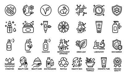 Fototapeta premium Natural Skincare and Cosmetic Outline Icon Set with Organic Vegan Collagen Editable Stroke Vector Collection