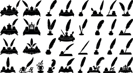 Vintage feather quill and inkwell stand collection featuring detailed black silhouettes of traditional antique calligraphy writing instrument vectors © MstAduri