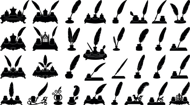 Vintage feather quill and inkwell stand collection featuring detailed black silhouettes of traditional antique calligraphy writing instrument vectors