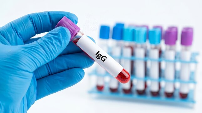Doctor holding an IgG blood test tube for allergy diagnosis and hypersensitivity reaction evaluation.