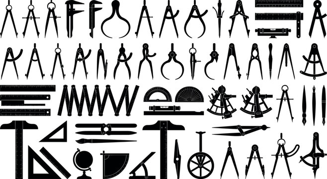Vintage drafting tools collection featuring detailed black silhouettes of antique calipers dividers rulers protractors and mathematical geometry design elements