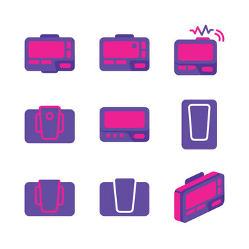 Set of pixel art icons depicting various pagers and communication devices, with a retro tech aesthetic, purple and pink color scheme