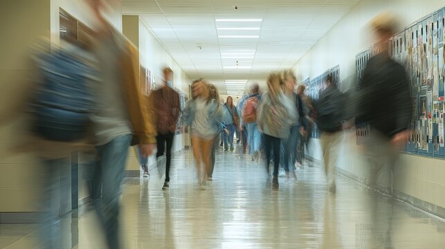 Crowd of high school students walking through busy school hallway with motion blur during class change