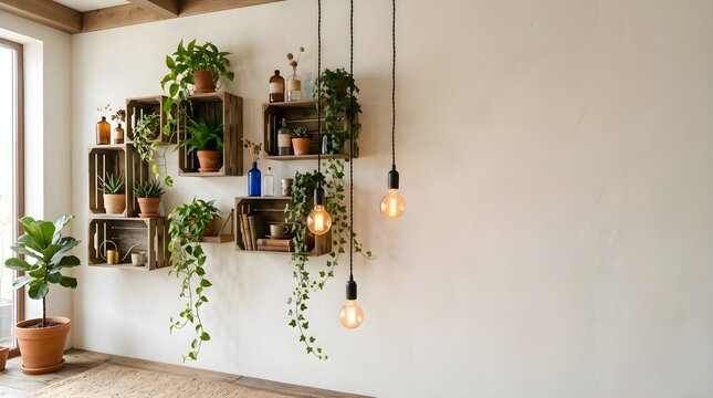 Cozy rustic room wall decor with wooden crates shelves potted plants and edison pendant lamps
