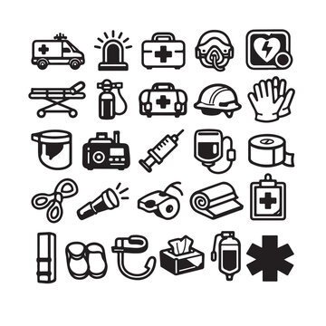 Emergency medical services icon set, 25 black line vector symbols for paramedic and first aid equipment, healthcare rescue icons for mobile apps