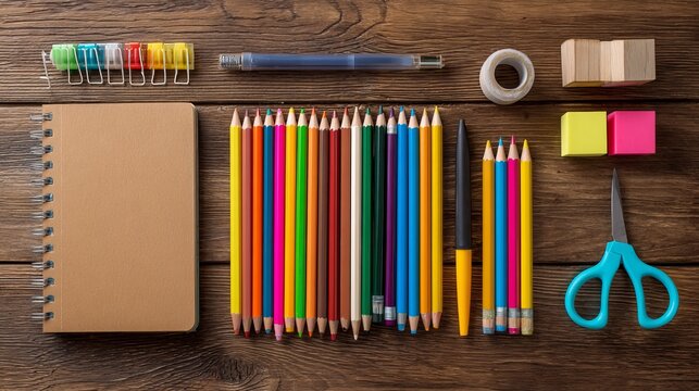 Colorful school supplies arranged on wooden table for back to school education