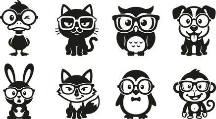 Collection of eight cute animal silhouettes wearing glasses including duck, cat, owl, dog, rabbit, fox, penguin, and monkey © Md