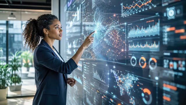 Analyzing Data Stream woman interacts with a futuristic wall display showcasing complex data visualizations and global analytics, representing innovation and technological advancement.