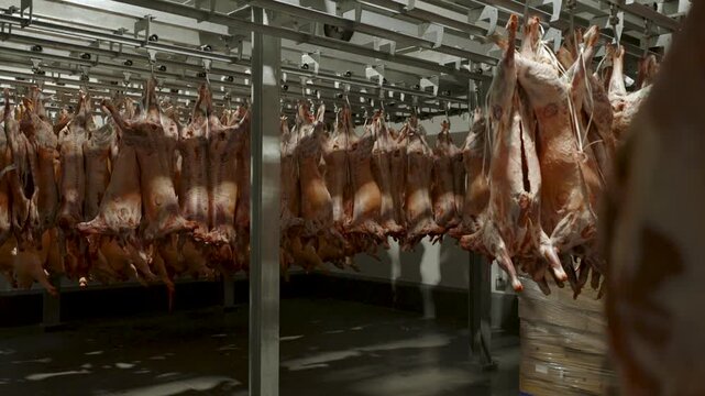 Rows of skinned carcasses hang from an overhead rail system in a chilled industrial butchery cold room.
