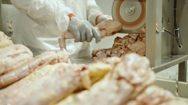 Worker in chainmail protective gear cuts large animal bones on a bandsaw as raw carcass pieces pile up in the processing area.