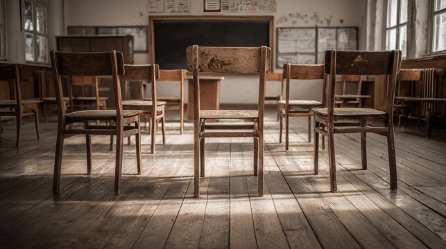 Vintage empty classroom with wooden chairs, back to school concept