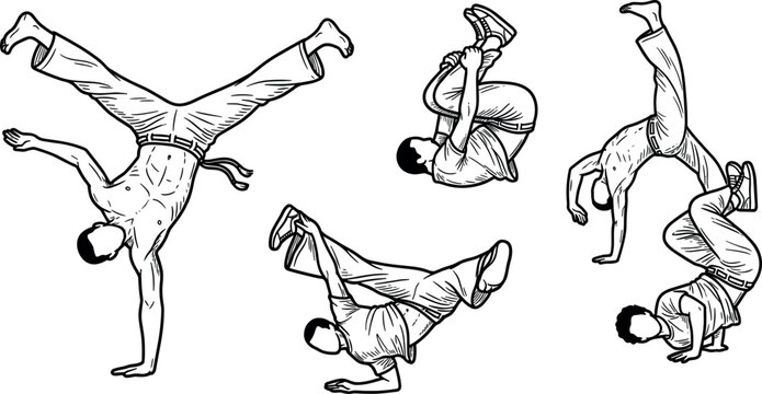 Vintage Engraving Capoeira and Breakdance Fighter Vector Set with Acrobatic Handstand Flip and Martial Arts Stunt Silhouette Elements