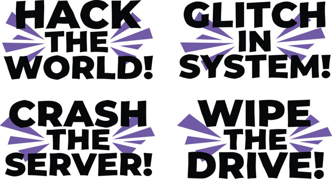 Set of four tech themed slogan stickers with purple geometric starburst backgrounds featuring phrases like hack the and glitch in system