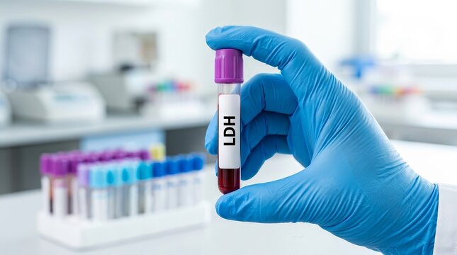 Doctor holding a blood sample tube for LDH test in a modern medical laboratory.