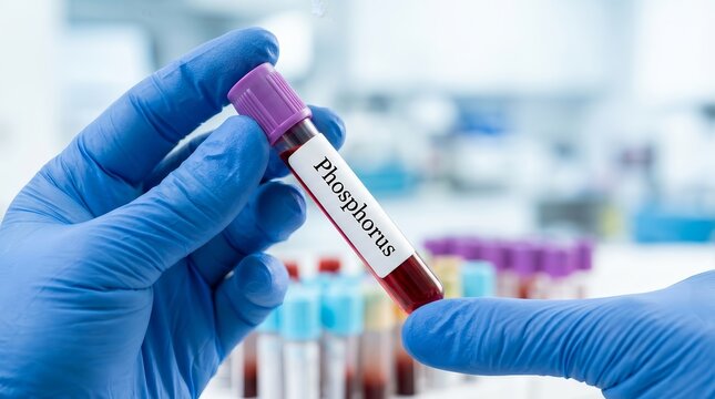 Doctor holding a blood sample tube for a phosphorus test in a modern laboratory.