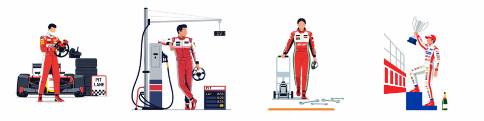 Obraz premium Set of Professional Racing Illustrations featuring Formula One Drivers in Pit Lane, Car Maintenance, and Victory Celebration with Trophy on Podium