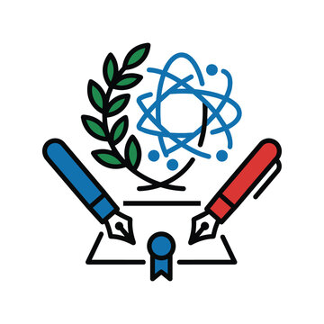 Vector icon of a science and peace treaty with an atom symbol, laurel wreath, and fountain pens