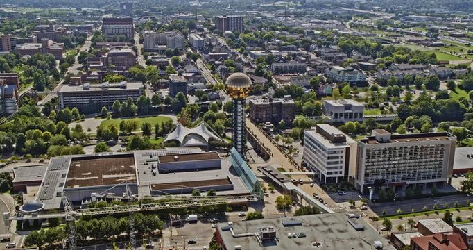 Knoxville Tennessee Aerial v2 birdseye view, sunsphere at world's fair park, tilt up reveals university of tennessee with river and mountain background - Shot with Inspire 2, X7 camera - August 2020